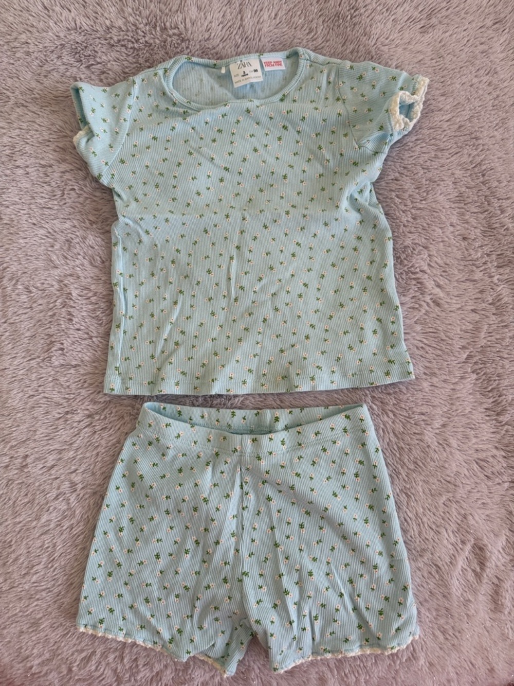 Zara Mint Green Floral Ribbed Tee & Shorts Set